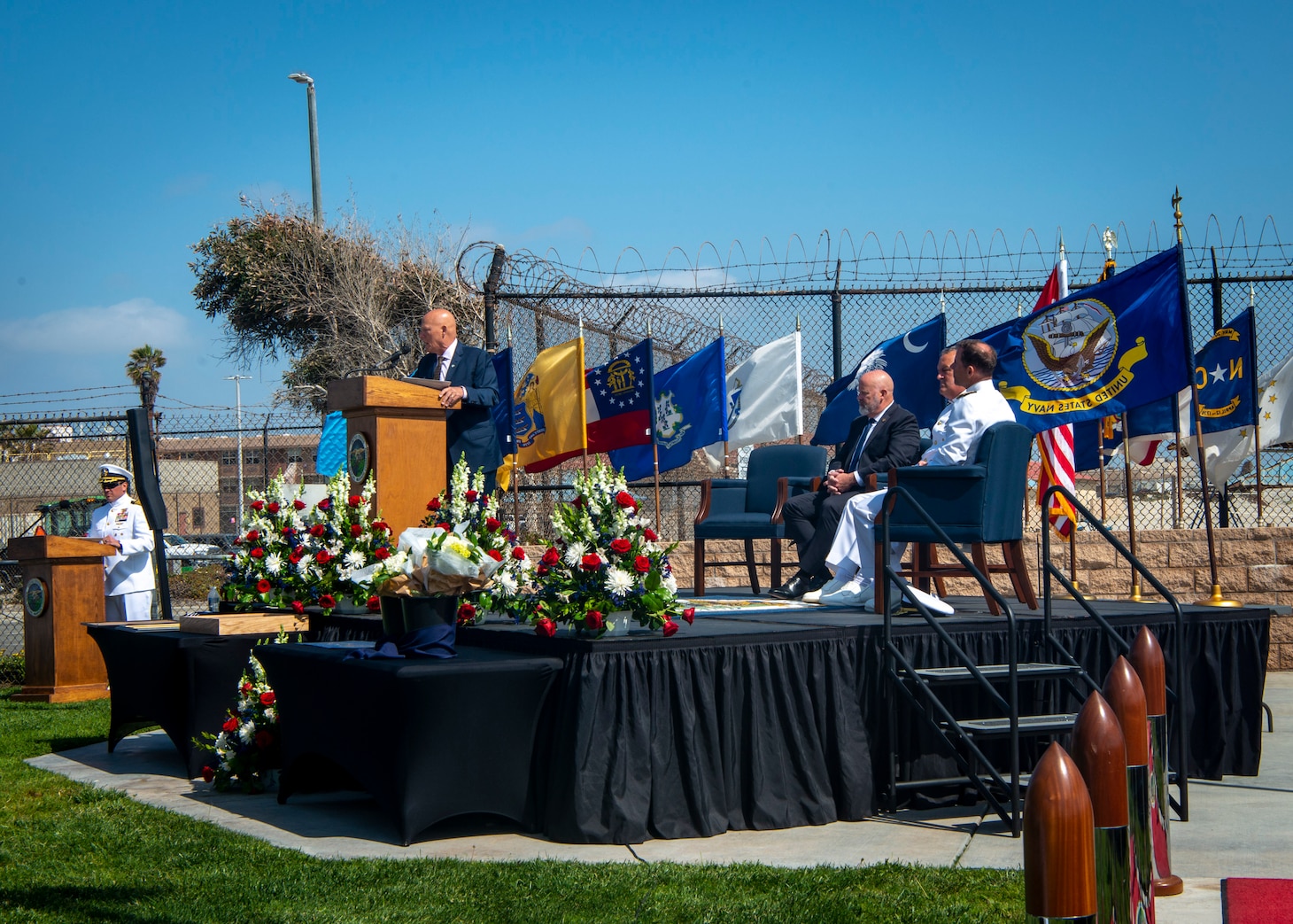 Retired Vice Adm. Sean Pybus gives remarks during a retirement ceremony in honor of Vice Adm. Collin Green, Deputy Commander of U.S. Special Operations Command