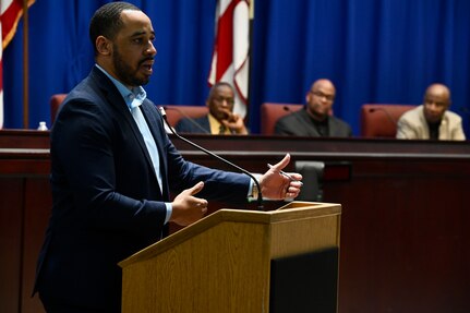 Philip M. Burk, Director, Capital Guardian Youth ChalleNGe Academy, provides a presentation and remarks during a D.C. Commission on Black Men and Boys meeting in Washington, D.C, April 30, 2024. The commission seeks solutions to disparities affecting Black men and boys in the District to include social conditions, crime and incarceration rates.