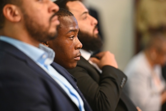 Representatives from the Capital Guardian Youth ChalleNGe Academy attend and speak during a D.C. Commission on Black Men and Boys meeting in Washington, D.C, April 30, 2024. The commission seeks solutions to disparities affecting Black men and boys in the District to include social conditions, crime and incarceration rates.