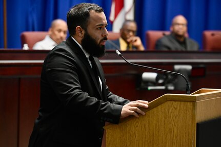 Hector Lamas, assistant lead recruiter, Capital Guardian Youth ChalleNGe Academy, provides remarks during a D.C. Commission on Black Men and Boys meeting in Washington, D.C, April 30, 2024. The commission seeks solutions to disparities affecting Black men and boys in the District to include social conditions, crime and incarceration rates.