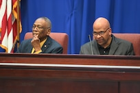 Retired Maj. Gen. Errol Schwartz, former Commanding General of the District of Columbia National Guard and D.C. Commission on Black Men and Boys commission chairperson, listens as representatives from the Capital Guardian Youth ChalleNGe Academy provide public comment during a D.C. Commission on Black Men and Boys meeting in Washington, D.C, April 30, 2024. The commission seeks solutions to disparities affecting Black men and boys in the District to include social conditions, crime and incarceration rates.