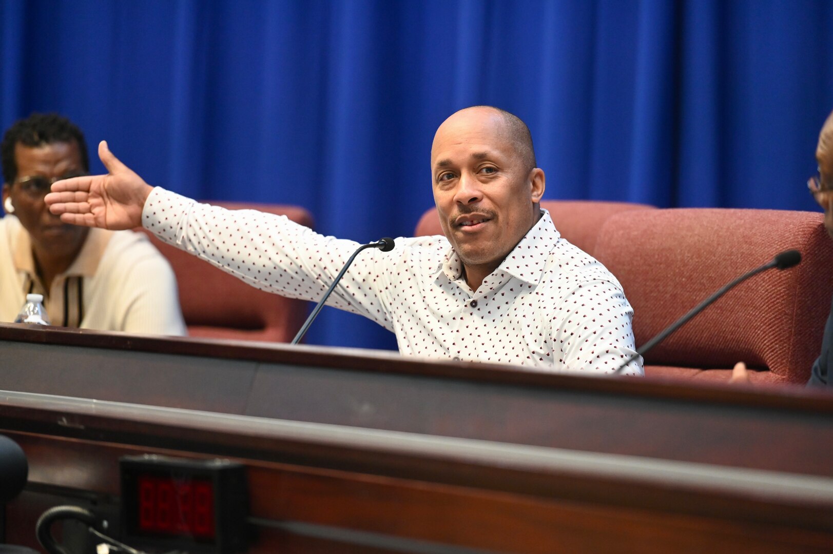 Representatives from the Capital Guardian Youth ChalleNGe Academy attend and speak during a D.C. Commission on Black Men and Boys meeting in Washington, D.C, April 30, 2024. The commission seeks solutions to disparities affecting Black men and boys in the District to include social conditions, crime and incarceration rates.