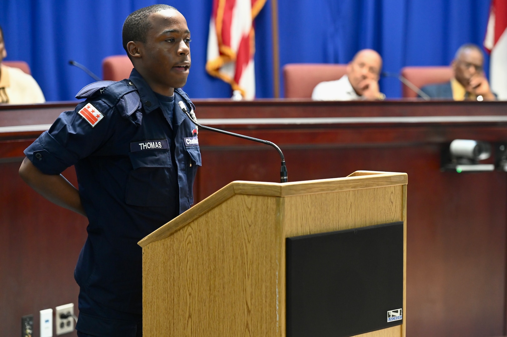 Representatives from the Capital Guardian Youth ChalleNGe Academy attend and speak during a D.C. Commission on Black Men and Boys meeting in Washington, D.C, April 30, 2024. The commission seeks solutions to disparities affecting Black men and boys in the District to include social conditions, crime and incarceration rates.