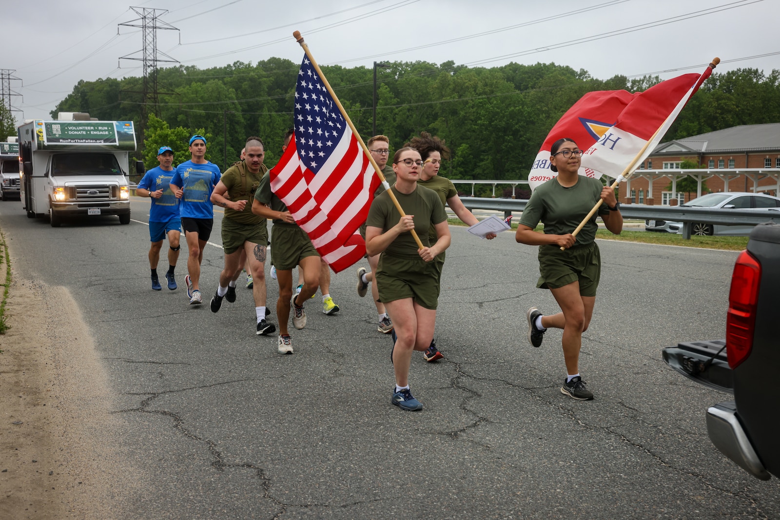 U.S. Marines participate in the 12th Annual Virginia Run for the Fallen, on Marine Corps Base Quantico, Virginia, May 4, 2024. This four-day, 250-mile tribute event honors every Virginia service member who died as a result of serving from any circumstance during the War on Terror. (U.S. Marine Corps photo by Lance Cpl. Jeffery Stevens)