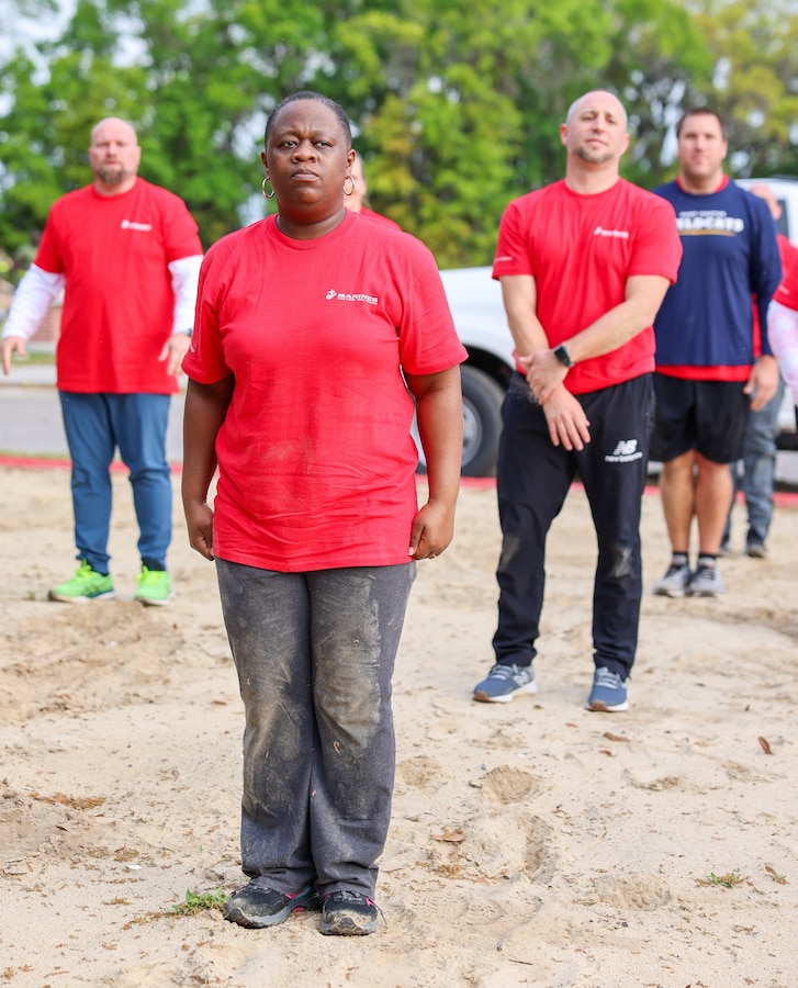 Rhonda Osagie-Erese, a Mentor, Ohio native and student advisor, awaits instruction during an incentive training demonstration as part of the Educators Workshop at Marine Corps Recruit Depot, Parris Island, South Carolina, April 9, 2024.  The purpose of the workshop is to inform high school educators and community influencers about the process of becoming a United States Marine, and to raise awareness of the opportunities and benefits for qualified individuals in the Marine Corps. (U.S. Marine Corps photo by Sgt. Bernadette Pacheco)