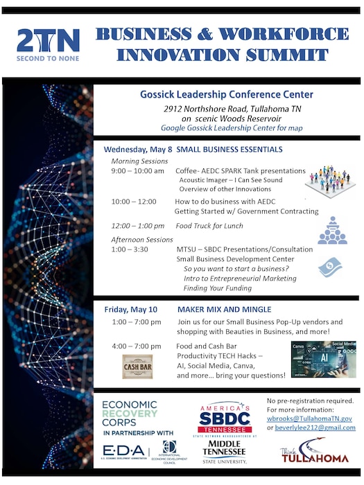 The 2TN Business & Workforce Innovation Summit will be held May 8 and May 10 at the Gossick Leadership Conference Center on Arnold Air Force Base, Tenn. (Courtesy graphic)