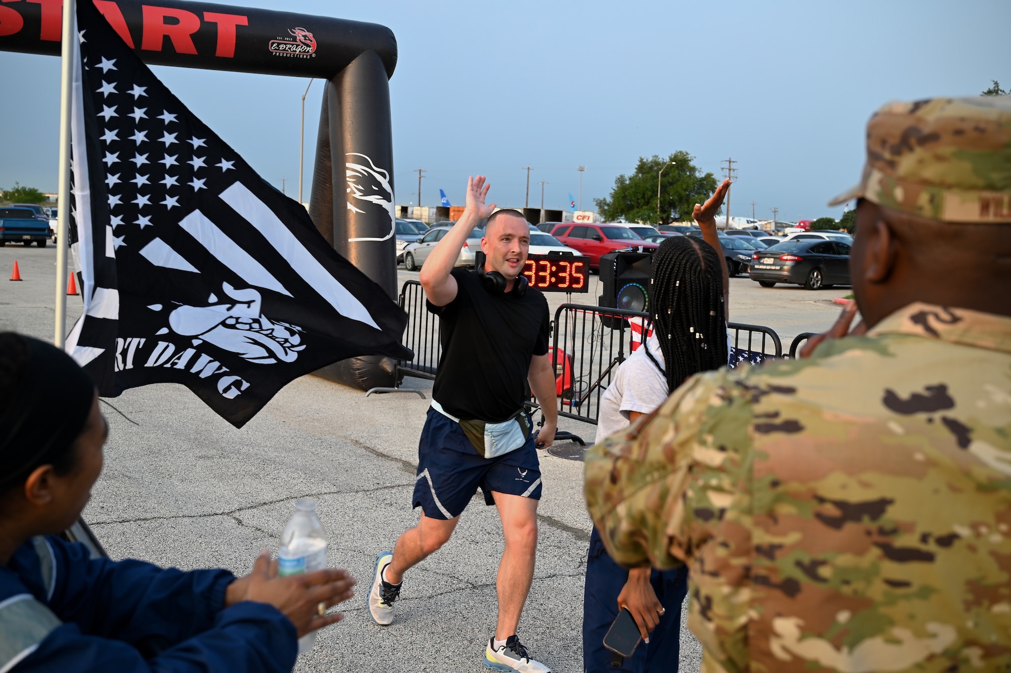 Senior Airman Dempsey Averitt, 74th Aerial Port Squadron passenger service operations representative, completes the 5K route of the Annual Port Dawg Memorial Run at Joint Base San Antonio-Lackland, Texas, May 5, 2024.
