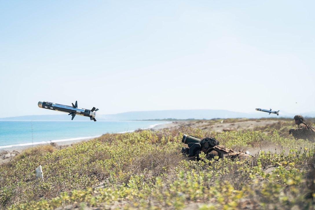 U.S. Marines with 3rd Littoral Combat Team, 3rd Marine Littoral Regiment, 3rd Marine Division, fire Javelin shoulder-fired anti-tank missiles as part of a counter landing live-fire exercise during Balikatan 24 at La Paz Sand Dunes, Ilocos Norte, Philippines, May 6, 2024. BK 24 is an annual exercise between the Armed Forces of the Philippines and the U.S. military designed to strengthen bilateral interoperability, capabilities, trust, and cooperation built over decades of shared experiences. (U.S. Marine Corps photo by Cpl. Eric Huynh)