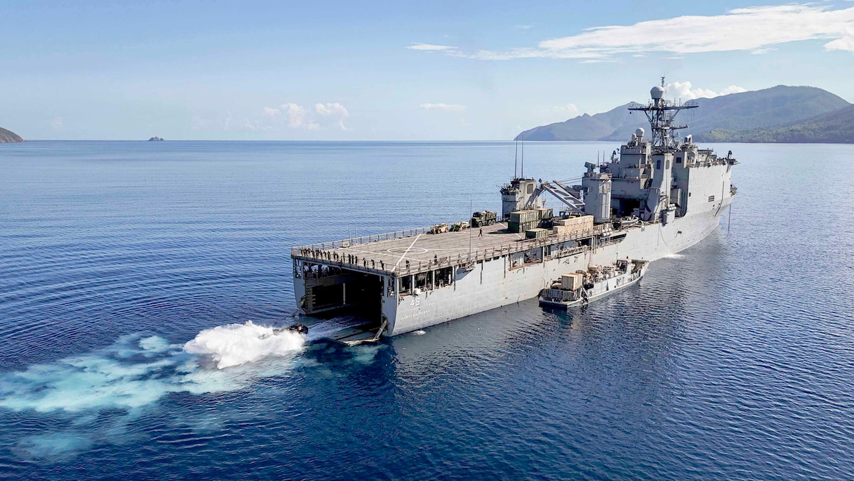 USS Harpers Ferry (LSD 49) conducts waterborne operations supporting Exercise Balikatan 24.