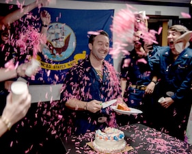 A gender reveal party aboard USS Theodore Roosevelt (CVN 71) in the South China Sea.