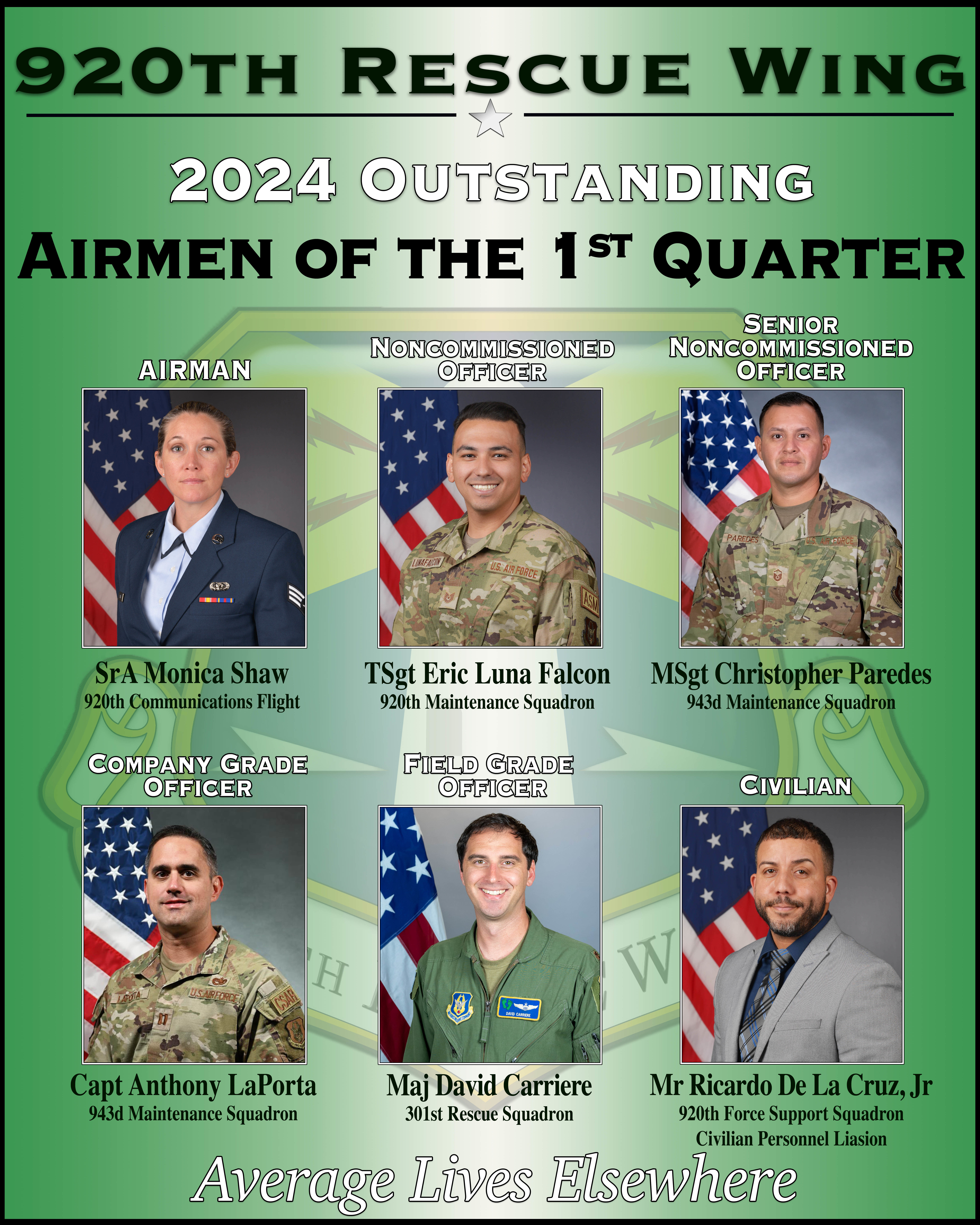 The 920th Rescue Wing's First Quarter, 2024, Outstanding Airmen. (U.S. Air Force graphic by Master Sgt. Kelly Goonan)