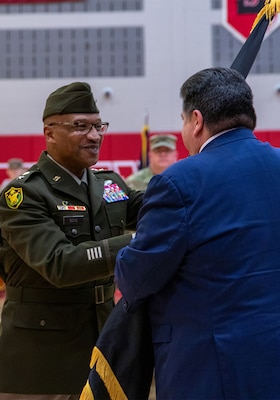 Maj. Gen. Rodney Boyd, the 41st Adjutant General of Illinois, assumes command of the Illinois National Guard from Governor JB Pritzker during a change of command ceremony May 4 at Glenwood High School in Chatham, Illinois.