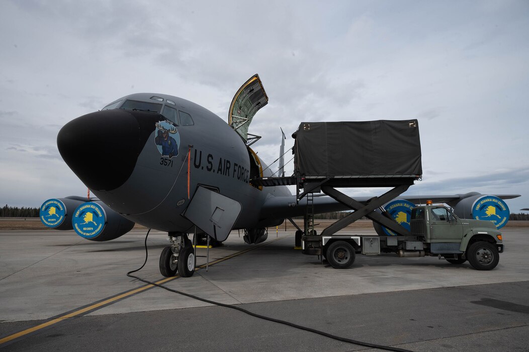 A KC-135 Stratotanker, attached to the 168th Air Refueling Wing, is loaded up as part of a three-day hyperlite chamber training course at Eielson Air Force Base, Alaska, May 3, 2024
