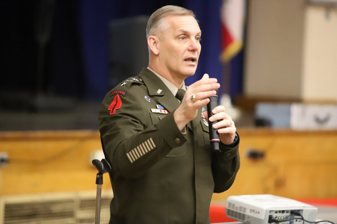 Lt. Gen. Steve Gilland, 61st superintendent at West Point and Alberto Carvalho, superintendent of the Los Angles Unified School District, gave opening remarks before the students broke into groups for outbreak sessions. April 5 at Stephen White Middle School and STEAM Magnet in Carson, California.