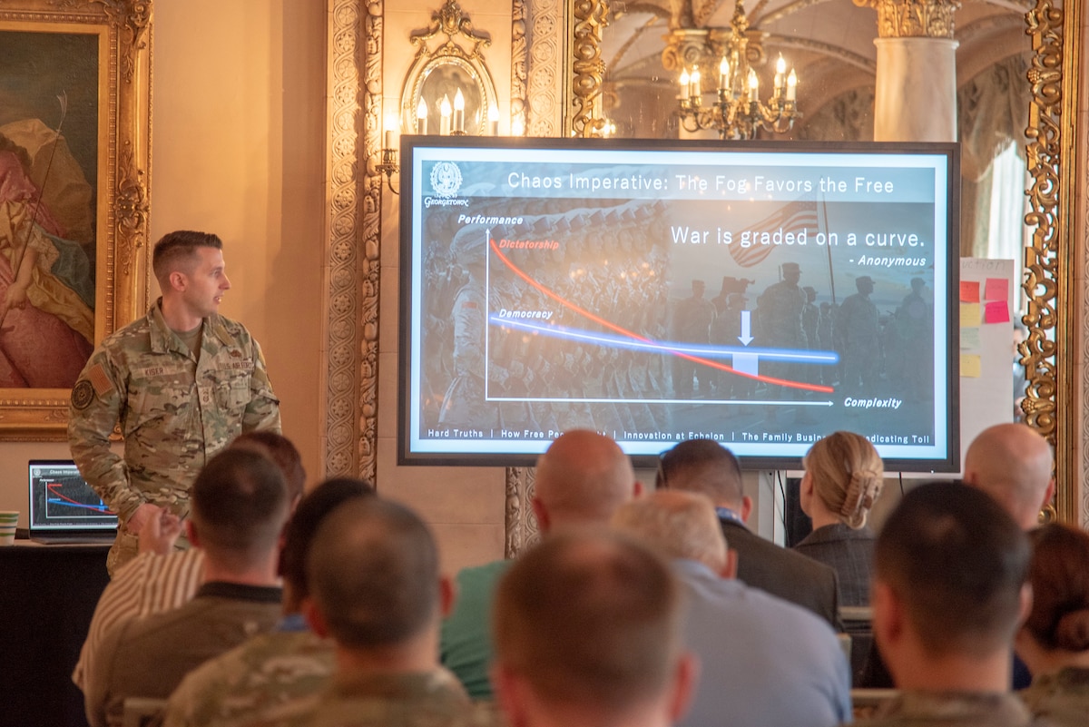 Senior Master Sgt. Brett Kiser, from the Air Force Chief of Staff Strategic Studies Group, discusses combat airpower for all at the Western Crossflow event in Spokane, Washington, from April 23-25, 2024.