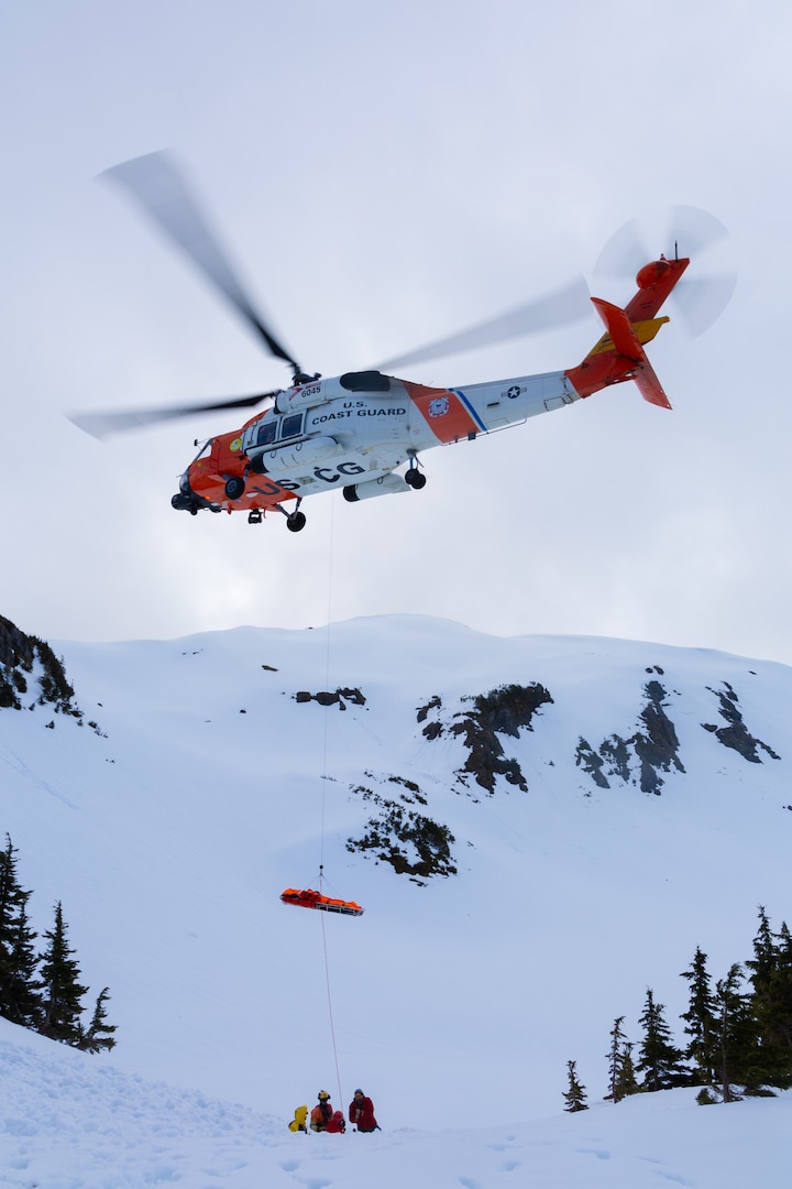 Crews from Coast Guard Air Station Sitka, Coast Guard Cutter Bailey Barco (WPC 1122), Sitka Mountain Rescue, and Air Force 210th, 211th, and 212th Rescue Squadrons conducted a week-long search and rescue exercise in Sitka, Alaska, April 30 through May 2, 2024. Crews tackled a series of mini scenarios ranging from lost hikers to an avalanche scenario. The exercise culminated with a mass-casualty event involving multiple agencies responding in concert to a scene with 28 survivors in distress. (U.S. Coast Guard photo by Petty Officer Second Class Ian Gray)