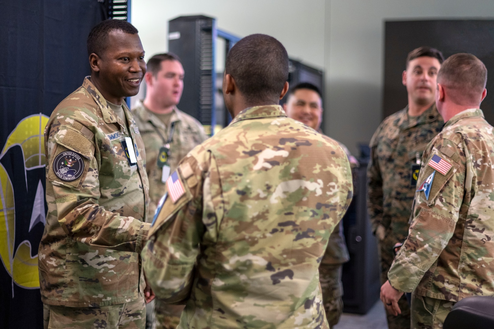 U.S. Space Force Chief Master Sgt. Jacob Simmons, U.S. Space Command command senior enlisted leader, meets with participates of SPACE FLAG 24-1 at Schriever Space Force Base, Colo., April 17, 2024. This event saw the participation of nearly 400 individuals focusing on space mission integration planning. (U.S. Space Force photo by Judi Tomich)