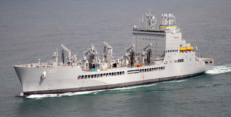 USNS Earl Warren (T-AO 207) during a testing event. The Navy accepted delivery of T-AO 207, May 7, following successful completion of Integrated Sea Trials.