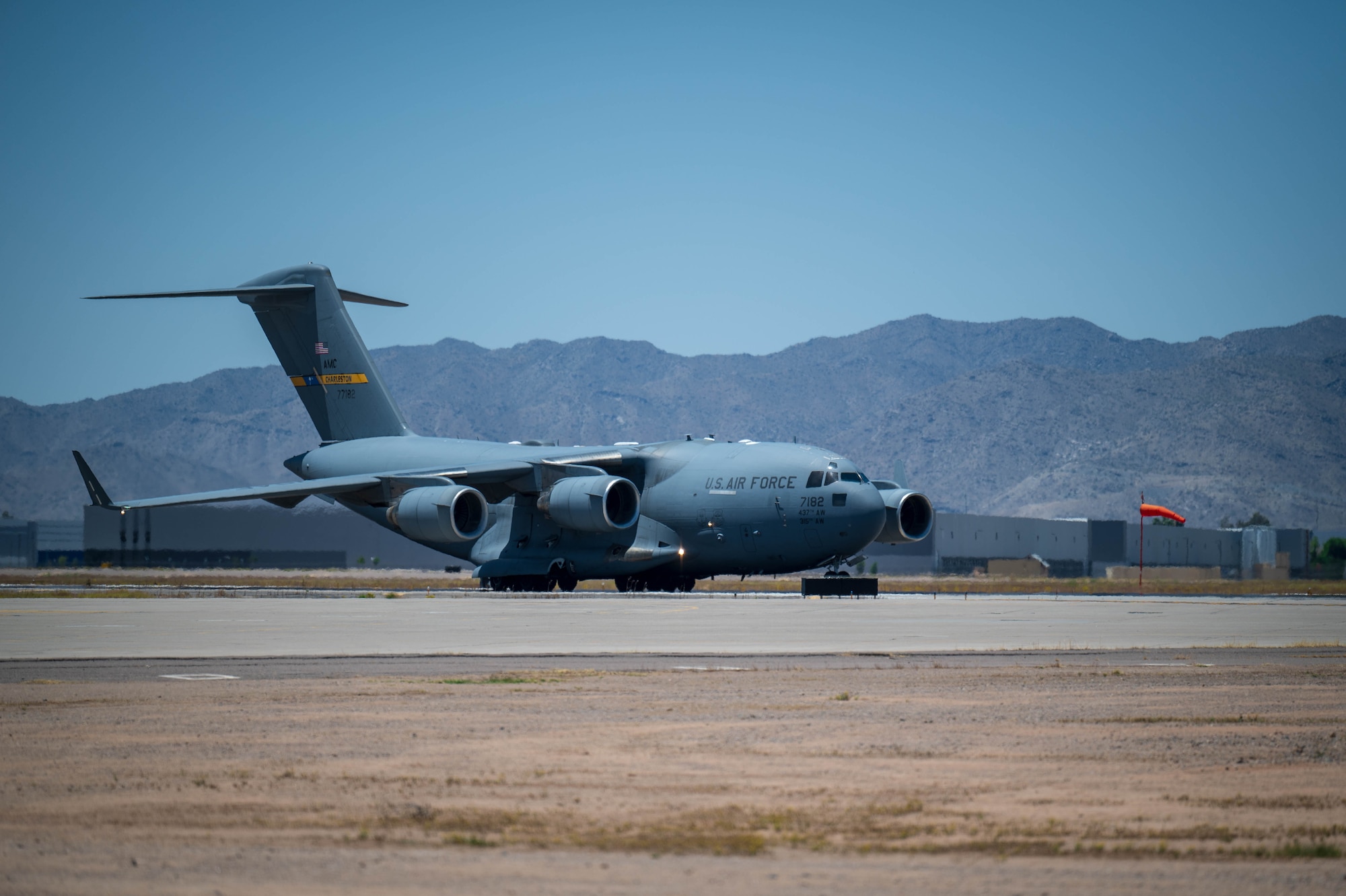 A U.S. Air Force C-17 Globemaster III assigned to Joint Base Charleston, South Carolina, taxis to the runway, May 7, 2024, at Luke Air Force Base, Arizona.