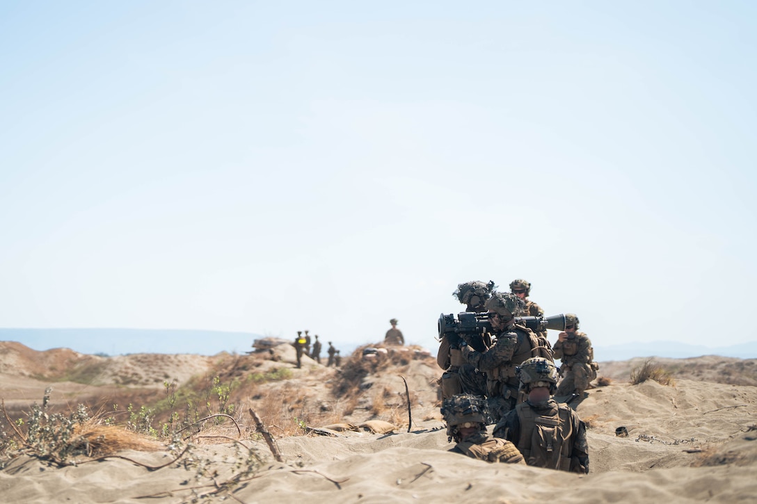 U.S. Marines with 3rd Littoral Combat Team, 3rd Marine Littoral Regiment, 3rd Marine Division, fire a Multi-Purpose Anti-Armor Anti-Personnel Weapons System as part of a counter landing live-fire exercise during Balikatan 24 at La Paz Sand Dunes, Ilocos Norte, Philippines, May 6, 2024. BK 24 is an annual exercise between the Armed Forces of the Philippines and the U.S. military designed to strengthen bilateral interoperability, capabilities, trust, and cooperation built over decades of shared experiences. (U.S. Marine Corps photo by Cpl. Eric Huynh)