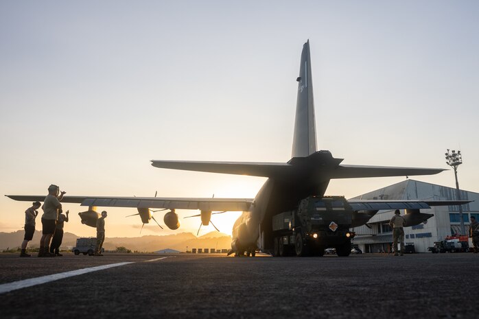 U.S. Army Soldiers with 3rd Platoon, Alpha Battery, 1st Long Range Fires Battalion, 1st Multi-Domain Task Force e load and unload an M142 High Mobility Rocket System from an MC-130J Commando II assigned to 353rd Special Operations Wing in preparation for a HIMARS Rapid Infiltration drill at San Vicente Airport, Philippines, May 1, 2024. BK 24 is an annual exercise between the Armed Forces of the Philippines and the U.S. military designed to strengthen bilateral interoperability, capabilities, trust, and cooperation built over decades of shared experiences. (U.S. Marine Corps photo by Cpl. Kyle Chan) (portions of this image have been blurred for security reasons)