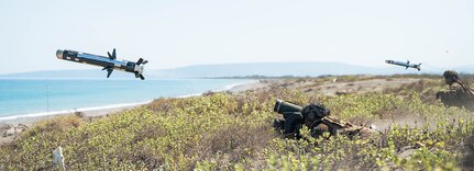 240506-M-VW647-1054 PHILIPPINES (May 6, 2024) U.S. Marines with 3rd Littoral Combat Team, 3rd Marine Littoral Regiment, 3rd Marine Division, fire Javelin shoulder-fired anti-tank missiles as part of a counter landing live-fire exercise during Balikatan 24 at La Paz Sand Dunes, Ilocos Norte, Philippines, May 6, 2024. BK 24 is an annual exercise between the Armed Forces of the Philippines and the U.S. military designed to strengthen bilateral interoperability, capabilities, trust, and cooperation built over decades of shared experiences. (U.S. Marine Corps photo by Cpl. Eric Huynh)