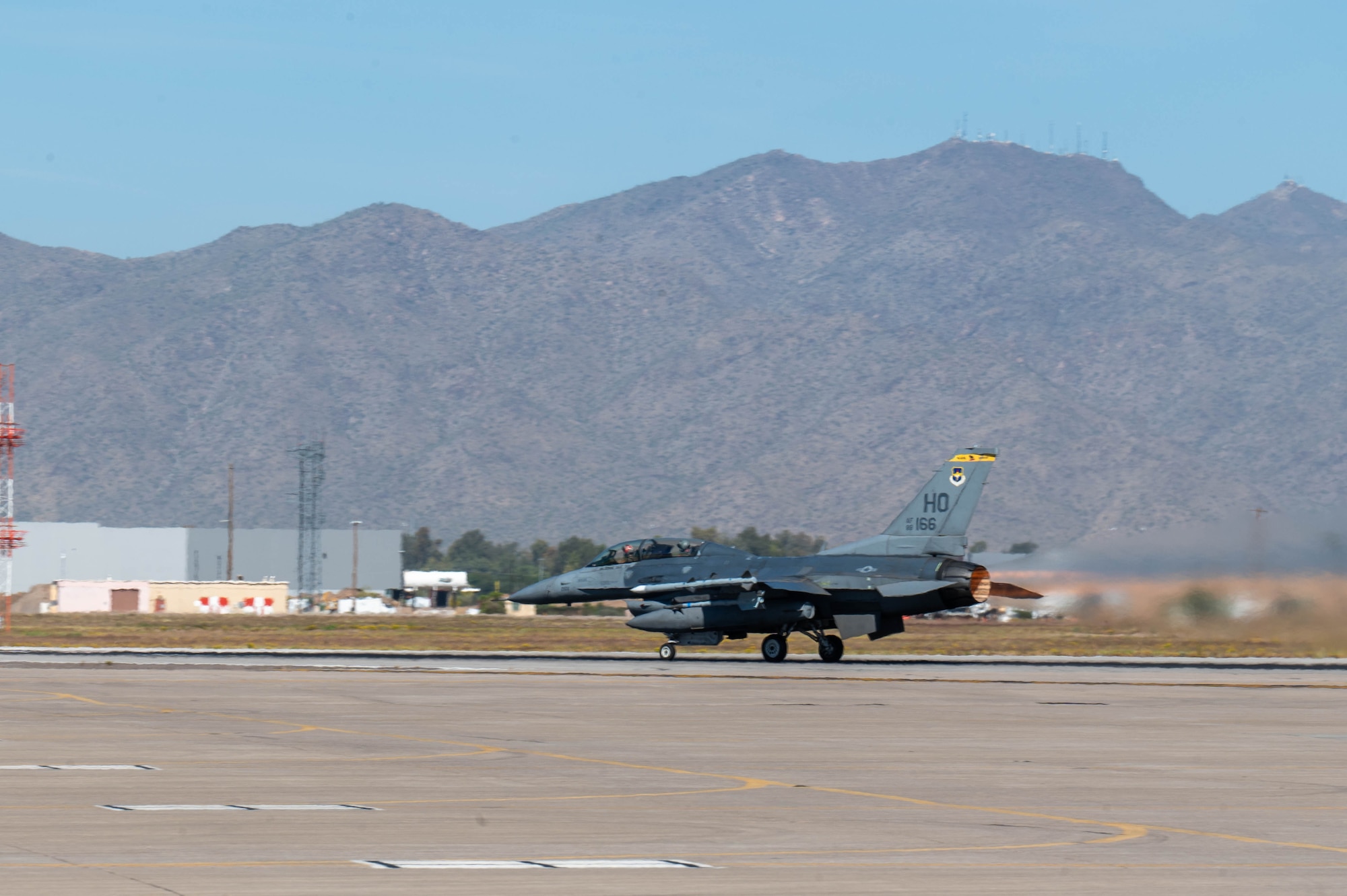 A U.S. Air Force F-16 Fighting Falcon assigned to the 309th Fighter Squadron takes off, May 7, 2024, at Luke Air Force Base, Arizona.