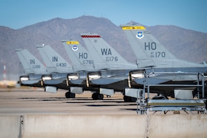 U.S. Air Force F-16 Fighting Falcon aircraft assigned to the 309th Fighter Squadron hold formation before takeoff, May 7, 2024, at Luke Air Force Base, Arizona.
