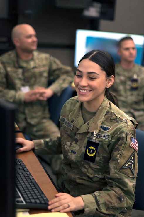  U.S. Space Force Spc. 4 Alondra Howell-Vasquez, 2d Space Warning Squadron, participates in SPACE FLAG 24-1 at Schriever Space Force Base, Colo., April 17, 2024. This event saw the participation of nearly 400 individuals focusing on space mission integration planning. (U.S. Space Force photo by Judi Tomich)