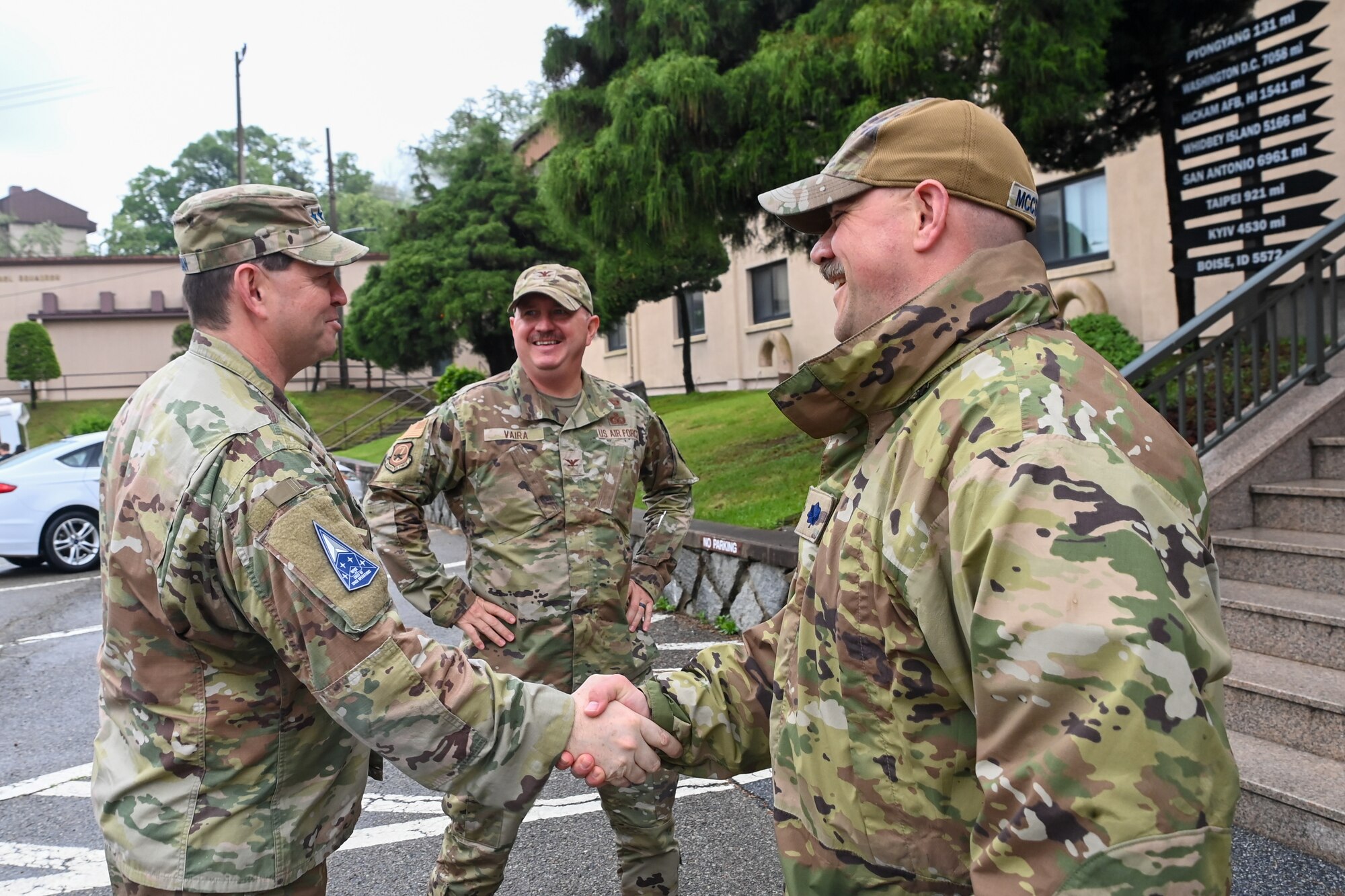 U.S. Space Force Chief of Space Operations Gen. Chance Saltzman, left, is welcomed to the 7th Air Force headquarters at Osan Air Base, Republic of Korea, by U.S. Space Force Lt. Col. Joshua McCullion, U.S. Space Forces – Korea commander, right, and U.S. Air Force Col. Brady Vaira, 7th AF chief of staff, center, May 6, 2024.
