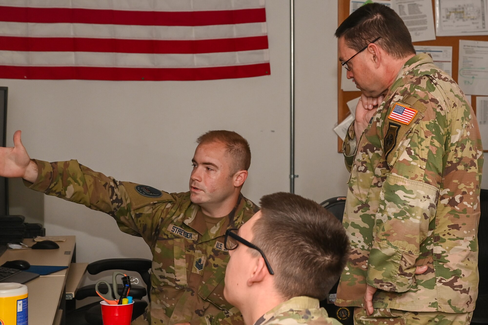 U.S. Space Force Chief of Space Operations Gen. Chance Saltzman, right, speaks with Guardians assigned to 5th Space Warning Squadron, Detachment 3, during a visit to Osan Air Base, Republic of Korea, May 6, 2024.