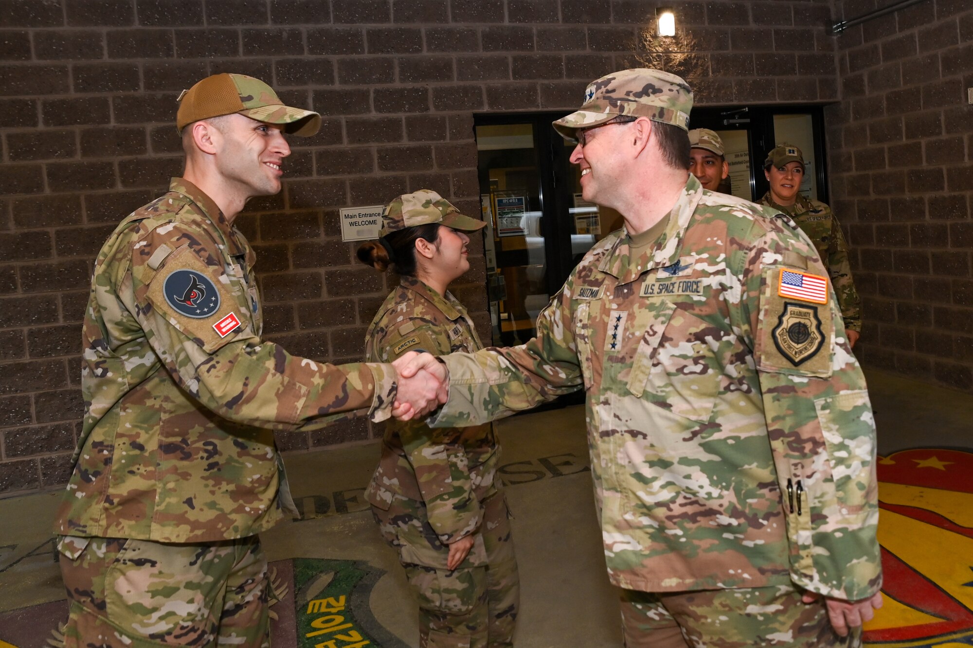 U.S. Space Force Chief of Space Operations Gen. Chance Saltzman, right, shakes hands with Guardians assigned to 5th Space Warning Squadron, Detachment 3, during a visit to Osan Air Base, Republic of Korea, May 6, 2024.