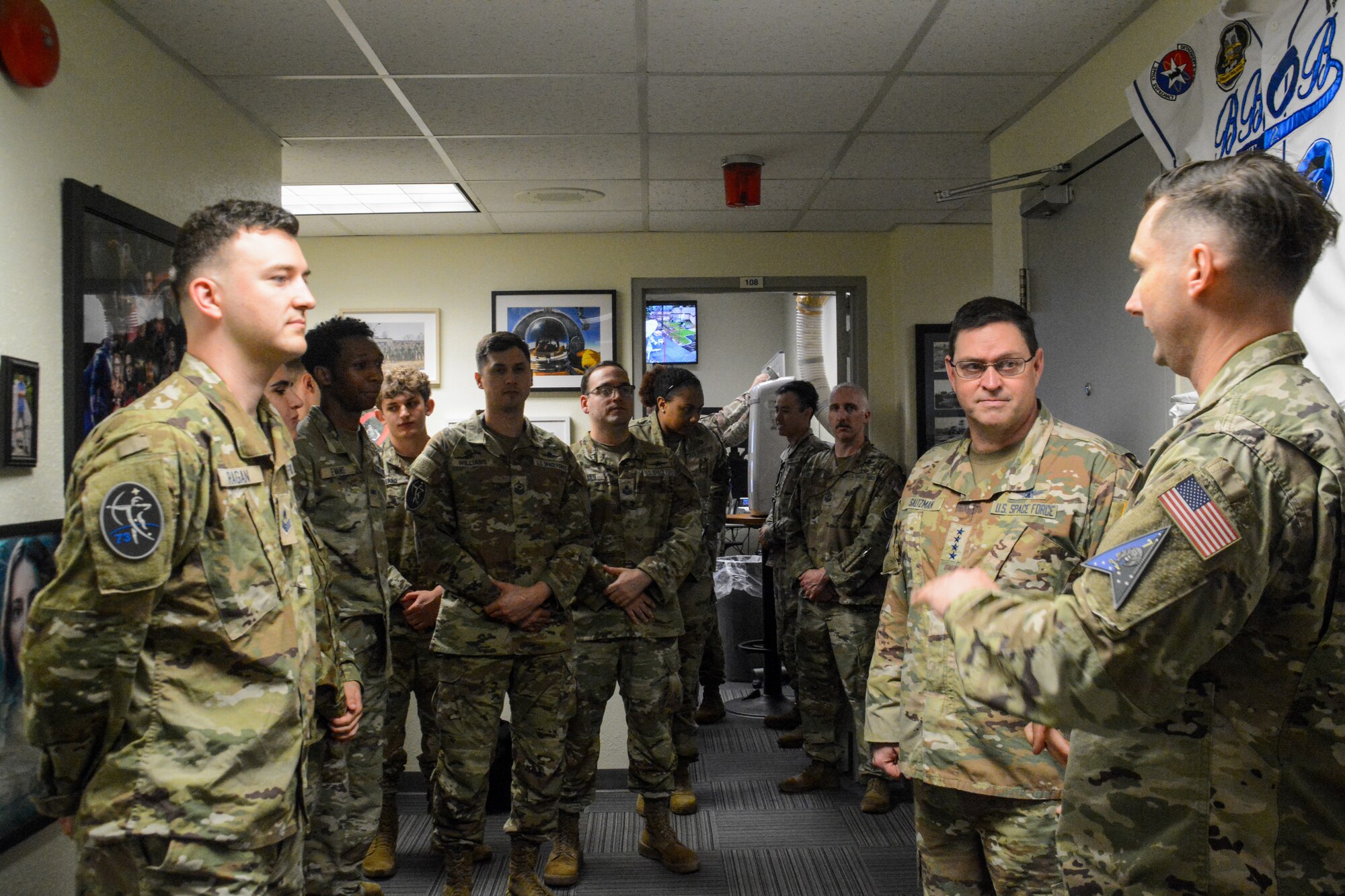 U.S. Space Force Chief of Space Operations Gen. Chance Saltzman, second to right, speaks with Guardians assigned to 73rd Intelligence, Surveillance and Reconnaissance Squadron, Detachment 2, during a visit to Osan Air Base, Republic of Korea, May 6, 2024.