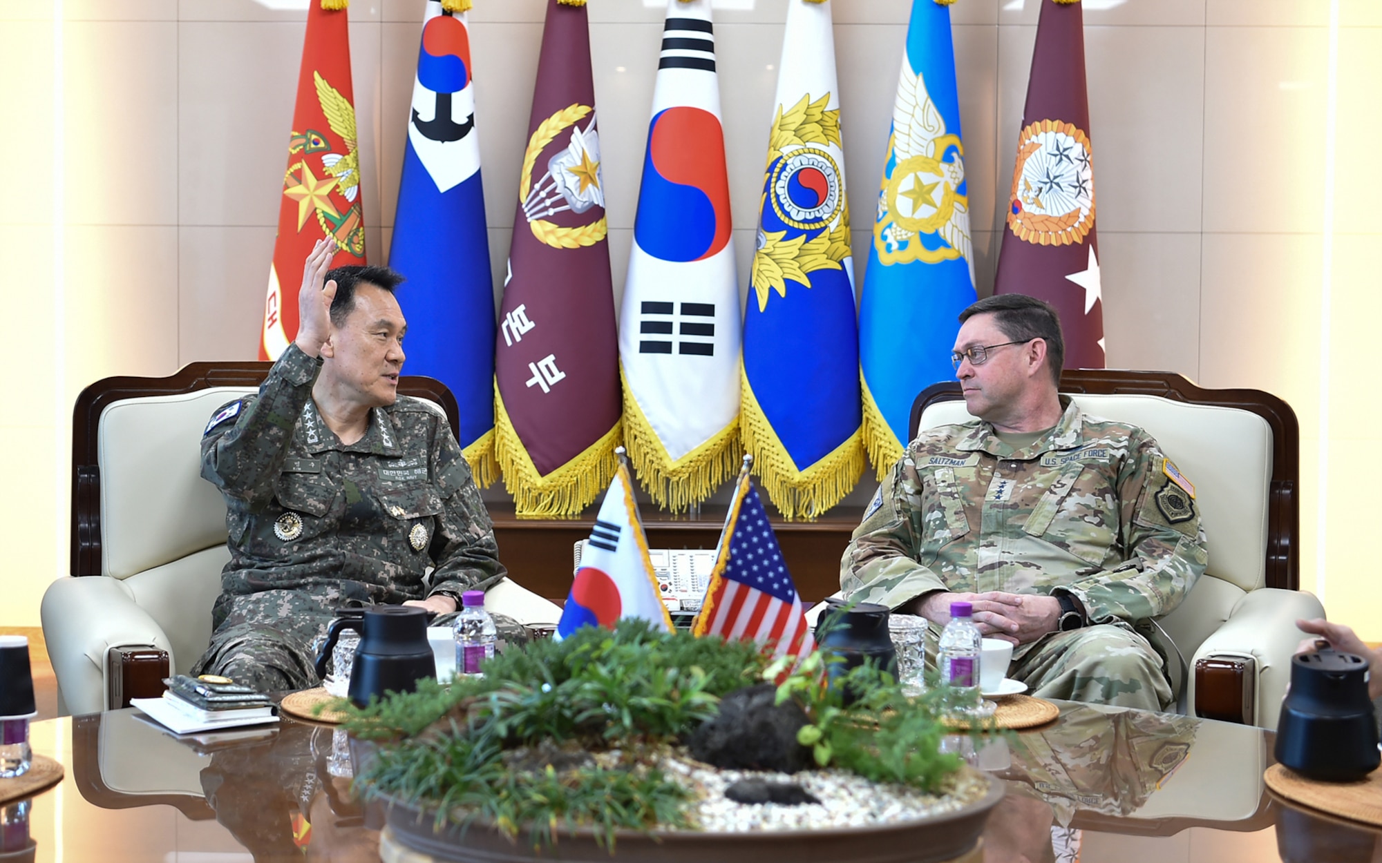 Republic of Korea Gen. Kim, Myung-Soo, Chairman of the Joint Chiefs of Staff, discusses the integration between ROK and U.S. space personnel and operations during a meeting with U.S. Space Force Gen. Chance Saltzman, Chief of Space Operations, in Seoul, ROK, May 7, 2024.