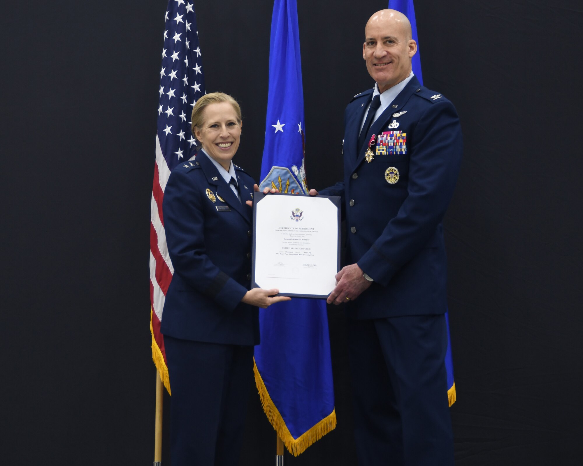 Col. Bruce Carper, Commander, 759th Logistics Readiness Flight, retires after having served nearly 28 years in the Air Force Reserve. Col. Carper held his retirement ceremony May 4, 2024, at the 459th Maintenance Squadron in front of family and friends. Col Carper earned his commission in 1999 from the Academy of Military Science, McGhee-Tyson Air National Guard Base, Knoxville, Tennessee and since then has served in a variety of leadership positions at the flight, squadron, group, and staff level. Maj. Gen. Vanessa Dornhoefer, Mobilization Assistant to the Deputy Chief of Staff for Logistics, Engineering and Force Protection, Headquarters U.S. Air Force, officiated the ceremony.