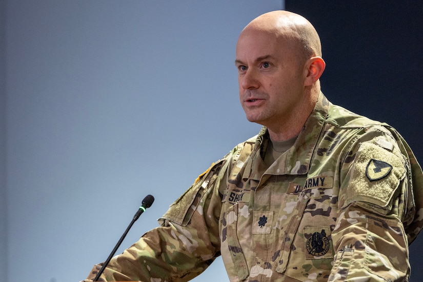 Lt. Col. Jason L. Shick, 45th Finance Center acting director, provides a status update on his organization during the U.S. Army Financial Management Command's Theater Finance Support Update at the Maj. Gen. Emmett J. Bean Federal Center in Indianapolis May 1, 2024. The TFSU focused on synchronization, data sharing, best practices, and coordination for finance and comptroller units rotating into the U.S. Central Command and European Command Areas of Responsibility. (U.S. Army photo by Mark R. W. Orders-Woempner)