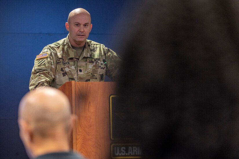 Lt. Col. Jason L. Shick, 45th Finance Center acting director, provides a status update on his organization during the U.S. Army Financial Management Command's Theater Finance Support Update at the Maj. Gen. Emmett J. Bean Federal Center in Indianapolis May 1, 2024. The TFSU focused on synchronization, data sharing, best practices, and coordination for finance and comptroller units rotating into the U.S. Central Command and European Command Areas of Responsibility. (U.S. Army photo by Mark R. W. Orders-Woempner)