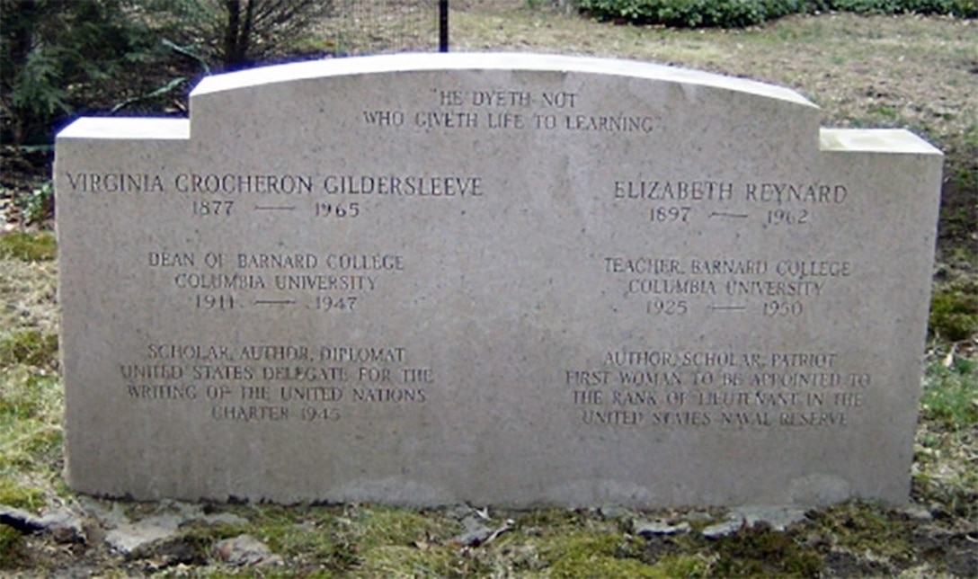 Headstone of Virginia Gildersleeve and Elizabeth Reynard in St. Matthew’s Episcopal Churchyard in Bedford, New York.