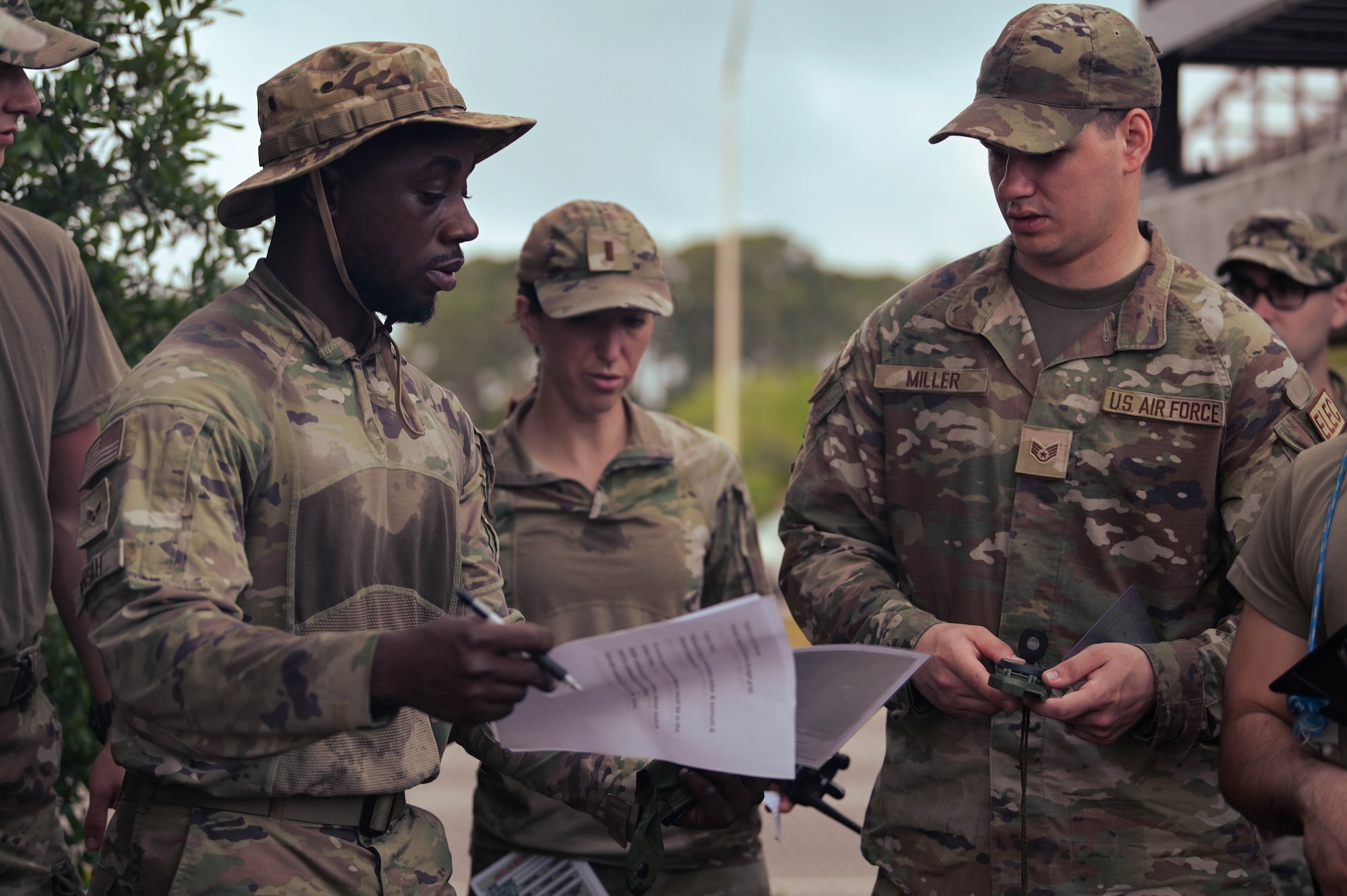 U.S. Air Force Airmen assigned to the 1st Special Operations Civil Engineer Squadron participate in land navigation during an expeditionary day at Hurlburt Field, Florida, April 19, 2024.