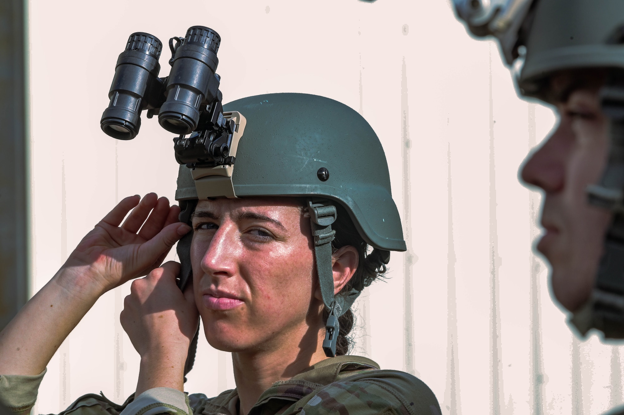 U.S. Air Force 2nd Lt. Mary Mcdowell, 1st Special Operations Civil Engineer Squadron officer in charge of requirements and optimization, participates in night vision training during an expeditionary day at Hurlburt Field, Florida, April 19, 2024.