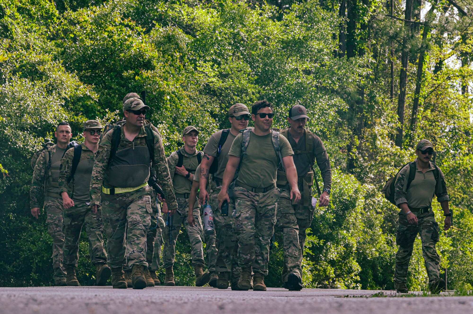 U.S. Air Force Airmen assigned to the 1st Special Operations Civil Engineer Squadron ruck during an expeditionary day at Hurlburt Field, Florida, April 19, 2024.