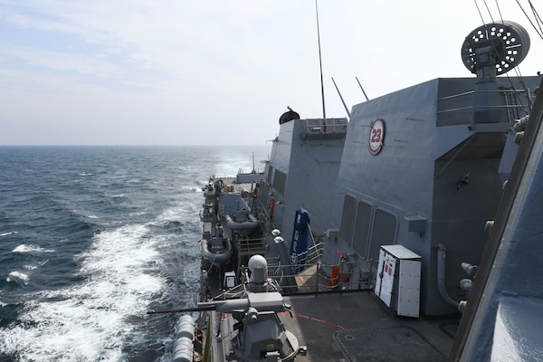 The Arleigh Burke-class guided-missile destroyer USS Halsey (DDG 97) conducts routine underway operations while transiting through the Taiwan Strait, May 8. Halsey is forward-deployed and assigned to Destroyer Squadron (DESRON) 15, the Navy’s largest DESRON and the U.S. 7th Fleet’s principal surface force.