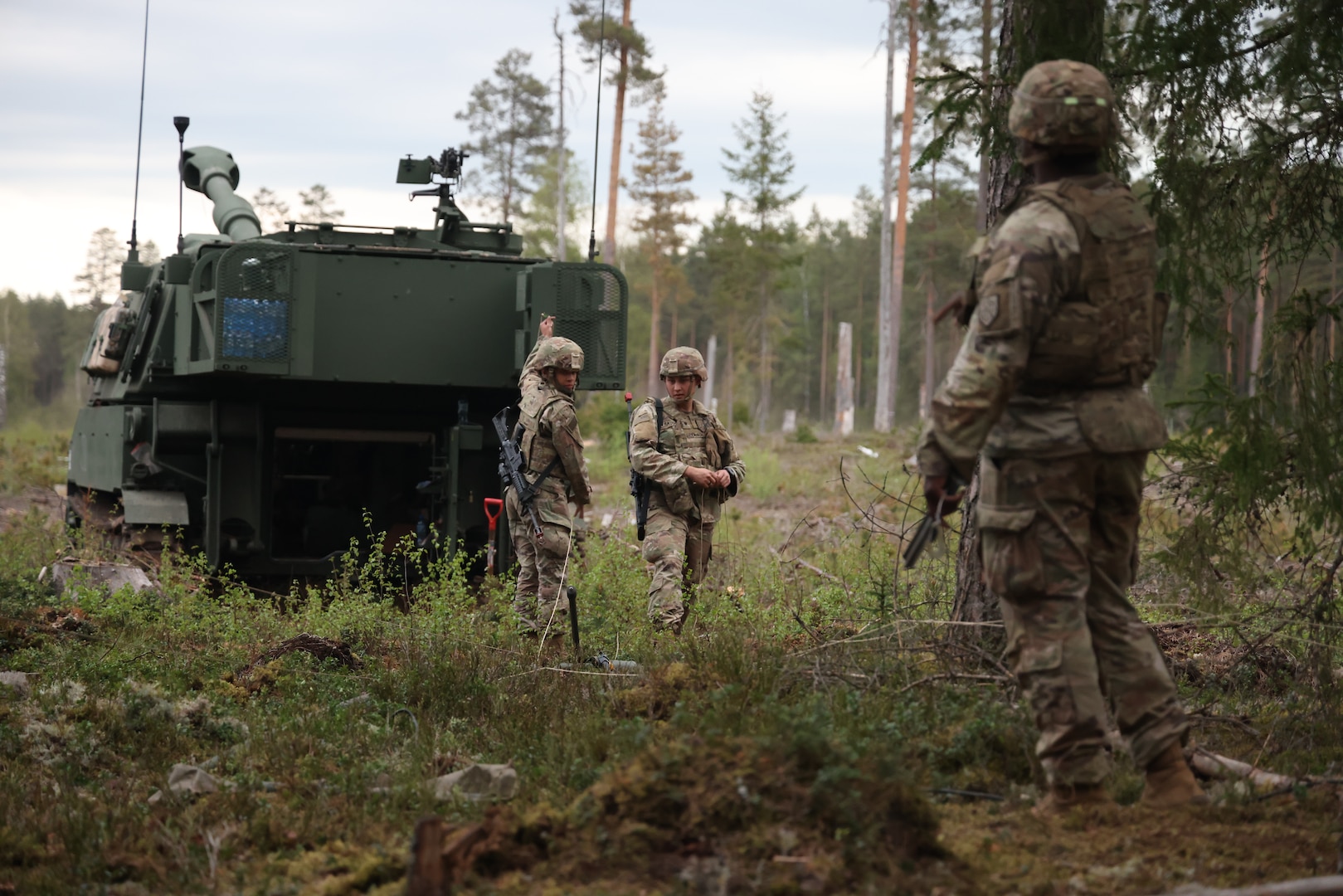 Soldiers assigned to Bravo Battery, 1st Battalion, 214th Artillery Regiment, 648th Maneuver Enhancement Brigade, Georgia Army National Guard set up an antenna group during exercise DEFENDER 24 in Skillingaryd, Sweden, May 6, 2024. DEFENDER 24 is linked to NATO's Steadfast Defender exercise, and the Department of Defense's Large Scale Global Exercise March 28 to May 31.