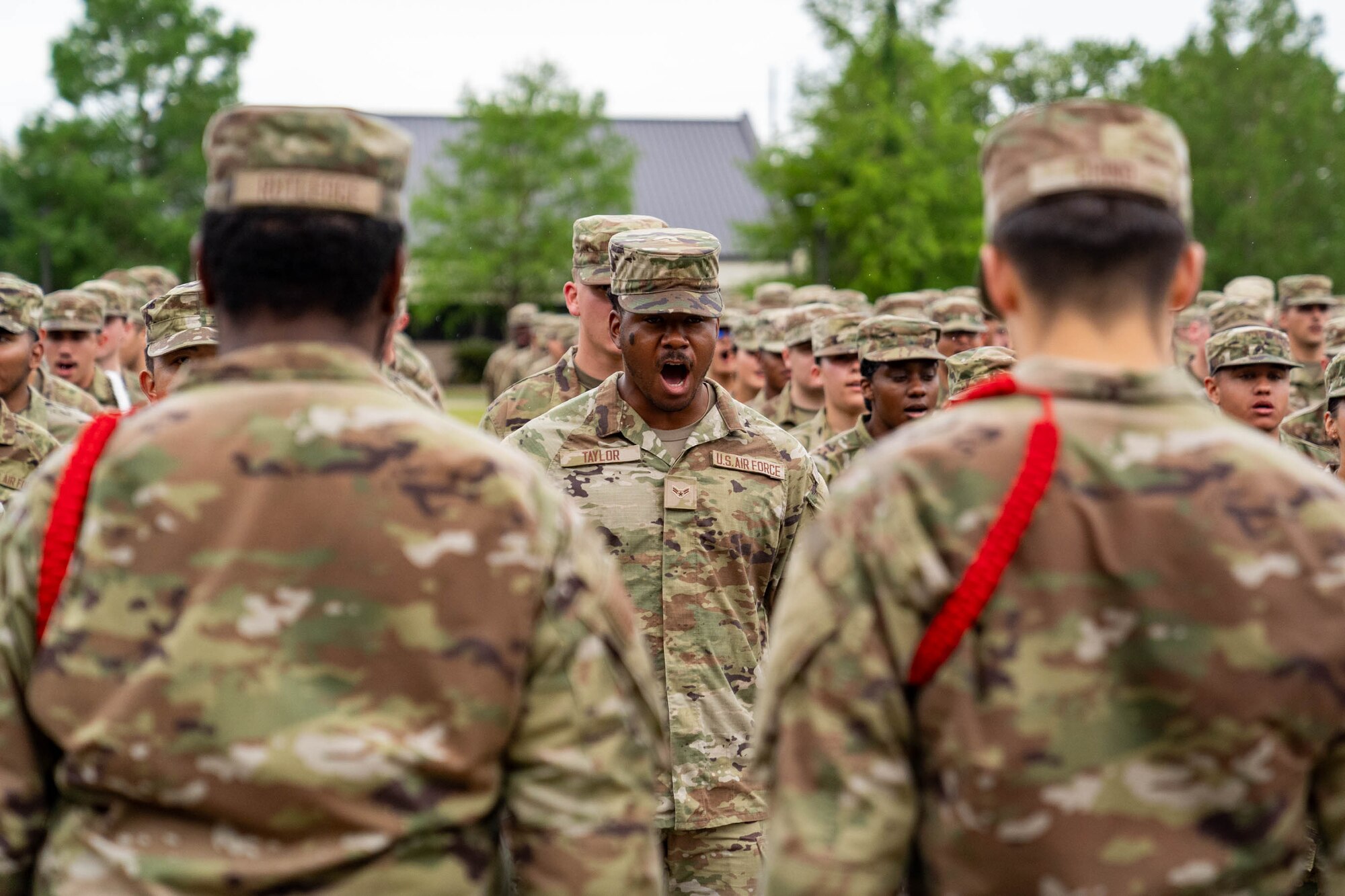 81st Training Group Airmen participate in a squadron roll call for Secretary of the Air Force Frank Kendall at Keesler Air Force Base, Mississippi, May 3, 2024.