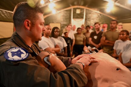 U.S. Air Force Airmen from the 169th Medical Group, Soldiers from Detachment 2, C Company, 2-238th General Support Aviation Battalion (GSAB), and health care professionals from Prisma Health practice decontaminating, triaging, and tactical combat casualty care in a simulated mass casualty incident during MEDFLAG at McEntire Joint National Guard Base, South Carolina, May 2, 2024.