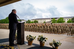 Secretary of the Air Force Frank Kendall addresses 81st Training Group Airmen and Guardians at Keesler Air Force Base, Mississippi, May 3, 2024.