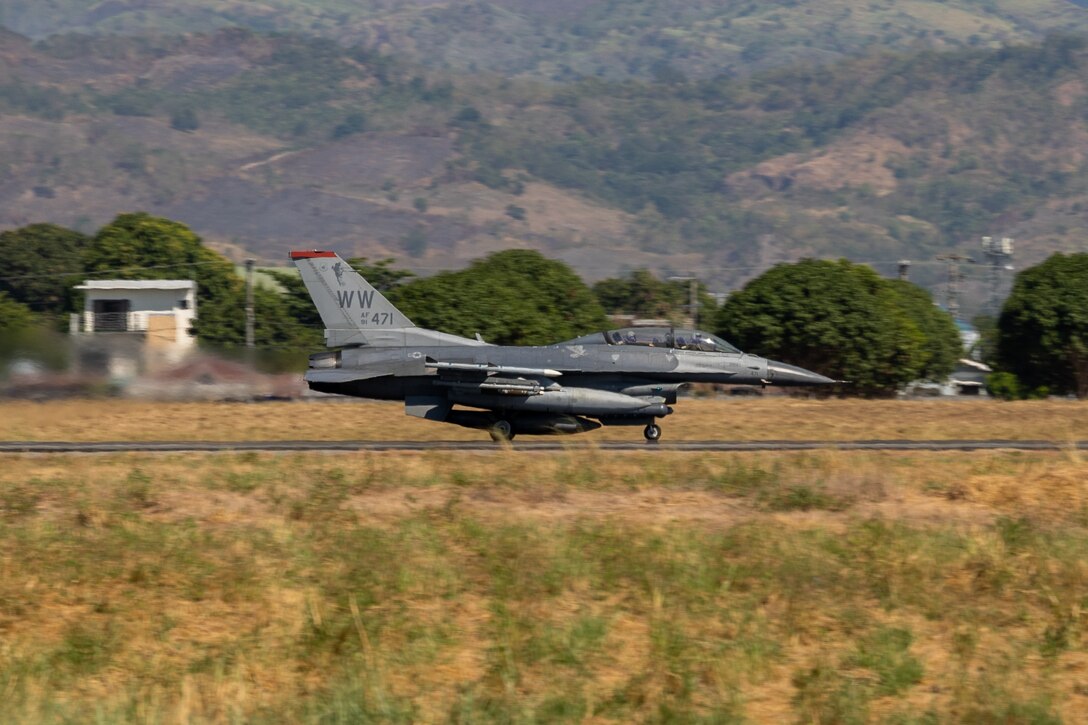 A U.S. Air Force F-16 Fighting Falcon assigned to the 13th Fighter Squadron takes off to participate in a maritime strike during Exercise Balikatan 24 at Basa Air Base, Philippines May 8, 2024. Armed Forces of the Philippines, U.S. and Australian military forces integrate land, sea, and air platforms to simultaneously sense, target, strike and destroy a decommissioned ship off the western coast of Northern Luzon. BK 24 is an annual exercise between the Armed Forces of the Philippines and the U.S. military designed to strengthen bilateral interoperability, capabilities, trust, and cooperation built over decades of shared experiences. (U.S. Marine Corps photo by Cpl. Kyle Chan)