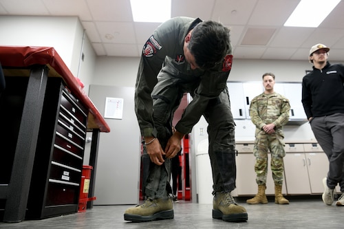 NASCAR driver Joey Logano zips up a pair of anti-g trousers in preparation for flying in a U.S. Air Force F-16 Fighting Falcon at Shaw Air Force Base, S.C., May 7, 2024. Shaw is home to the 20th Fighter Wing, the largest active duty combat F-16 wing in the U.S. comprising three Fighter Squadrons: the 55th “Shooters”, the 77th “Gamblers”, and the 79th “Tigers”. (U.S. Air Force photo by Staff Sgt. Kelsey Owen)