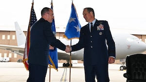 (Left to right) Lt. Gen. John P. Healy, Chief of the Air Force Reserves, shakes hands with Brig. Gen. Mike Moeding, mobilization assistant to the commander, U.S. Air Force Expeditionary Center, during an official promotion ceremony May 4, 2024, McConnell Air Force Base, Kansas. 

Moeding was promoted to brigadier general during the ceremony. Though not currently stationed at Team McConnell, Moeding was previously stationed at the base beginning in 1993 and left in 2014.  Moeding chose to have his promotion ceremony at the unit due to his deep ties with McConnell. (U.S. Air Force photo by Tech. Sgt. Abigail Klein)