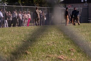 Medical Group Community Providers watch a Military Working Dog bite demonstration during the 436th Medical Group Community Providers Meet and Greet on Dover Air Force Base, Delaware, May 2, 2024. This event aided in Team Dover’s commitment to building partnerships in the surrounding community. (U.S. Air Force Photo by Airman 1st Class Dieondiere Jefferies)